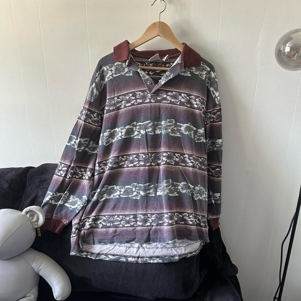 Vintage 90s floral striped long sleeve polo shirt